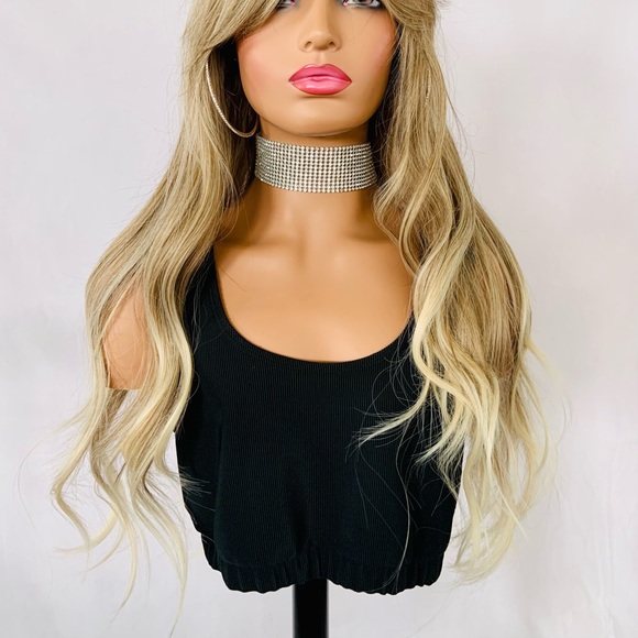 Long Ash Blonde Curling Iron Safe Fiber Wig with Bangs/Effortless Style - Picture 2 of 15